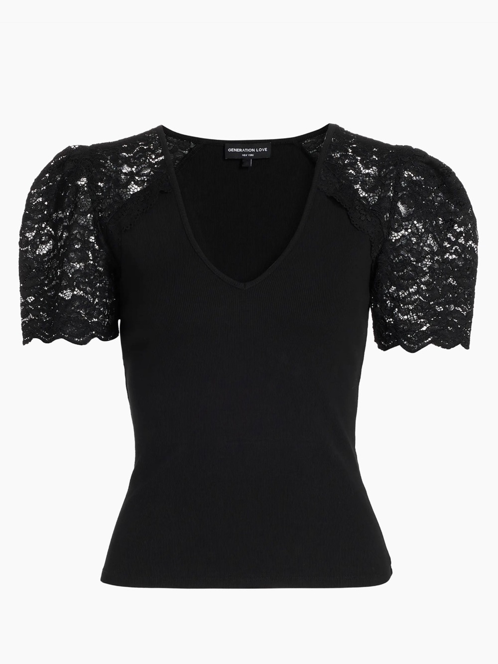 Generation Love Black V-Neck Top with Lace Short Sleeves